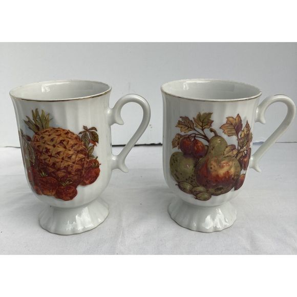 2 Vintage Made in Japan Pedestal Mugs - Ceramic Fruit & Nut Coffee Cups Gold Rim - Picture 1 of 9